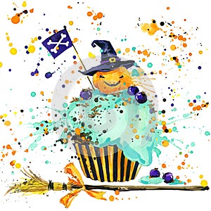 Halloween pumpkin, food and magic witch hat. Watercolor illustration background