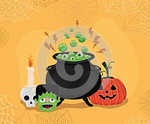 Halloween pumpkin frankenstein cartoons and witch bowl with spiderwebs frame vector design