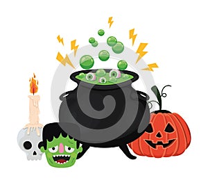 Halloween pumpkin frankenstein and skull cartoon with witch bowl vector design