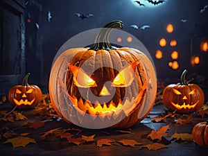 Halloween pumpkin glowing jack o'lantern at night in forest, bats, haunted castle This photo was generated using