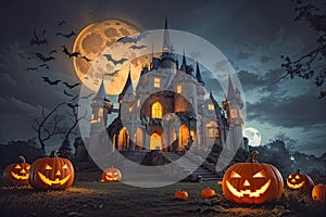 Halloween pumpkin glowing jack o'lantern at night in forest, bats, haunted castle This photo was generated using