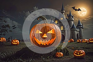 Halloween pumpkin glowing jack o'lantern at night in forest, bats, haunted castle This photo was generated using