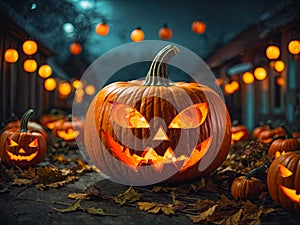 Halloween pumpkin glowing jack o'lantern at night in forest, bats, haunted castle This photo was generated using