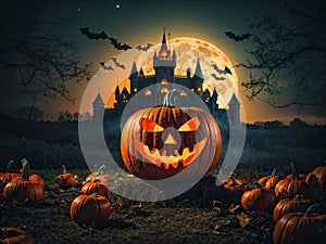 Halloween pumpkin glowing jack o'lantern at night in forest, bats, haunted castle This photo was generated using