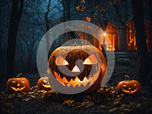 Halloween pumpkin glowing jack o'lantern at night in forest, bats, haunted castle This photo was generated using