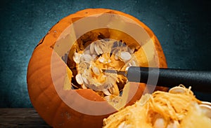 Halloween pumpkin gutting, removing seeds from inside.