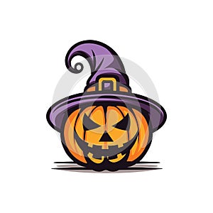 Halloween pumpkin with hat isolated on white background. Vector illustration.