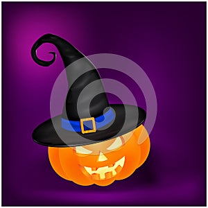 Halloween pumpkin in hat vector illustration, Jack O Lantern on gradient mesh background. Scary orange picture with eyes and candl
