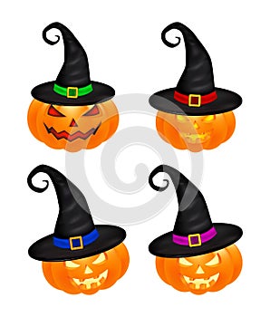 Halloween pumpkin in hat vector set illustration, Jack O Lantern isolated on white background. Scary orange picture with eyes and