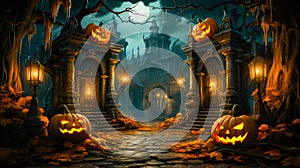 Halloween Pumpkin Haunted Mansion House Spooky Ghost Trick Or Treat Jack O Lantern Ai Generated