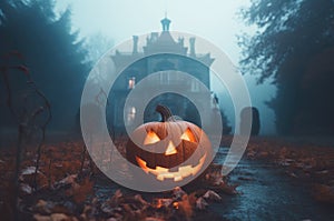 Halloween pumpkin and haunted old house, foggy autumn backyard