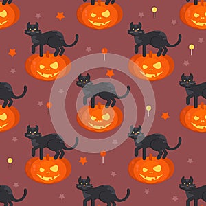 Halloween pumpkin head with black cat seamless pattern
