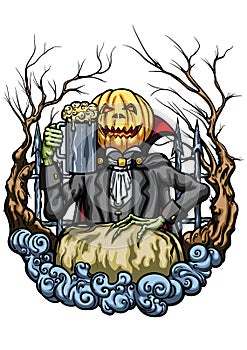 Halloween Pumpkin Head creature with a pint of beer