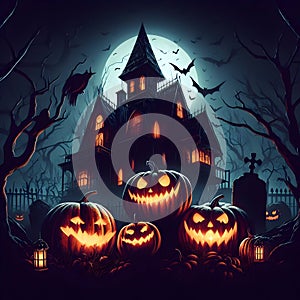 Halloween pumpkin head jack lantern with burning candles, Spooky Forest with a full moon and wooden table, Pumpkins In Graveyard