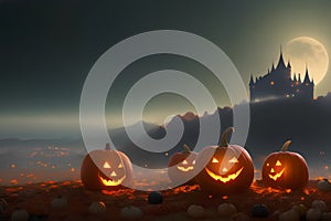 Halloween pumpkin head jack lantern. Haunted House, Moonlit Sky. Greeting Card