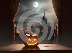 Halloween pumpkin head jack lantern. Haunted House, Moonlit Sky. Greeting Card