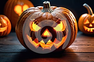Halloween pumpkin head Jack lantern with spooky castle on background.