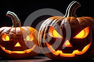 Halloween pumpkin head Jack lantern with spooky castle on background.