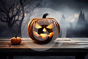 Halloween pumpkin head jack lantern on wooden table with foggy background, One spooky halloween pumpkin, Jack O Lantern, with an