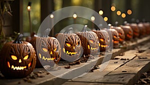 Halloween pumpkin head jack lanterns on wooden walkway at night