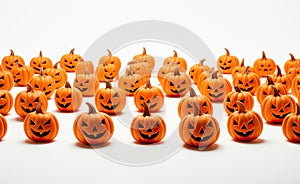 Halloween pumpkin head jack o lantern in row isolated on white background