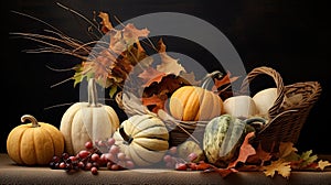 Halloween pumpkin head Jack O' Lanterns still life Background. Autumn decoration over interior design scene. AI