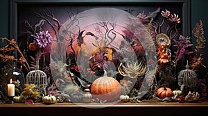 Halloween pumpkin head Jack O' Lanterns still life Background. Autumn decoration over interior design scene. AI