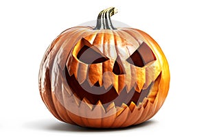 Halloween pumpkin head with scary face, Jack O\' Lantern isolated on a white background. Image is AI generated