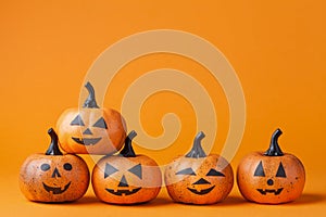 Halloween pumpkin heads with funny smile.