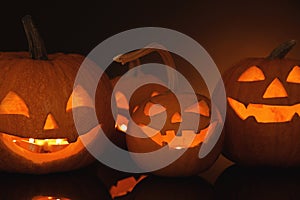 Halloween pumpkin heads. Glowing jack lanterns