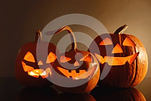 Halloween pumpkin heads. Glowing jack lanterns