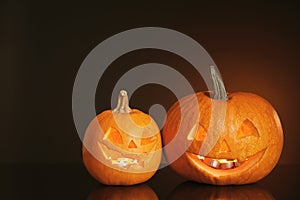 Halloween pumpkin heads. Glowing jack lanterns