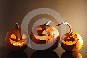 Halloween pumpkin heads. Glowing jack lanterns
