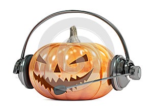 Halloween pumpkin with headset or headphones 3D rendering