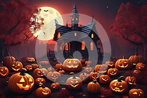 halloween pumpkin house background with full moon and spooky pumpkins. 3 d illustrationhalloween