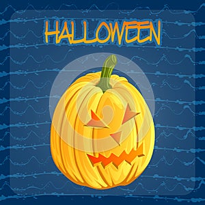 Halloween pumpkin icon in cartoon style. Jack o lantern isolated on a dark blue doodle blots background. It can be used