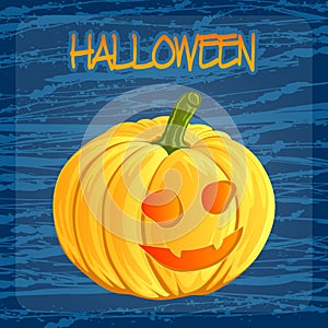 Halloween pumpkin icon in cartoon style. Jack o lantern isolated on a dark blue doodle blots background. It can be used