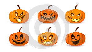 Halloween pumpkin icon set. Autumn symbol. 3D design. Halloween scary pumpkin face, smile, candle light, branch. Orange