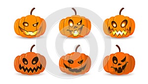 Halloween pumpkin icon set. Autumn symbol. 3D design. Halloween scary pumpkin face, smile, candle light, branch. Orange