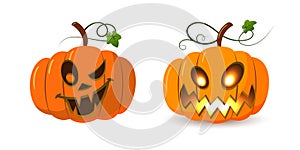 Halloween pumpkin icon set. Autumn symbol. 3D design. Halloween scary pumpkin face, smile, candle light, leaf. Orange