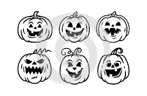 Halloween pumpkin icon set, Jack O Lantern icons, Halloween pumpkin faces. Vector illustration