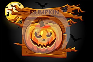 Halloween pumpkin icon, wooden banner for game.