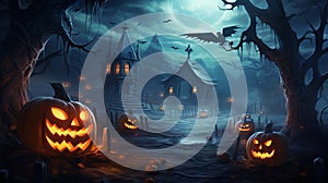 Halloween pumpkin jack o lantern with burning candles on background of group of people