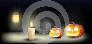 Halloween pumpkin, Jack O Lantern, with an evil face and eyes on a wooden bench, table with a misty gray coastal night background