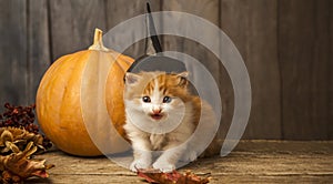 Halloween pumpkin jack-o-lantern and ginger kitten on black wood background