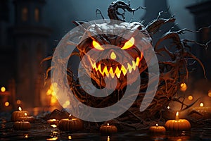 Halloween pumpkin Jack-o-lantern surrounded by fire in the scary night. Generative Ai illustration