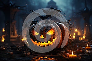 Halloween pumpkin Jack-o-lantern surrounded by fire in the scary night. Generative Ai illustration