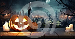 Halloween Pumpkin Jack O Lantern On Table In Spooky Graveyard At Night, Full Moon. Graves in the background. 3d render