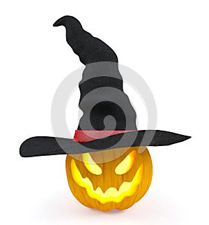 Halloween pumpkin, Jack O`Lantern, wearing witch hat isolated on white background