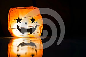 Halloween Pumpkin Lamp, Jack O Lantern On Dark Background.